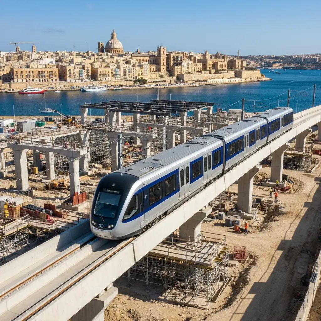 Modern light rail infrastructure project in Malta with Valletta cityscape and harbor in background
