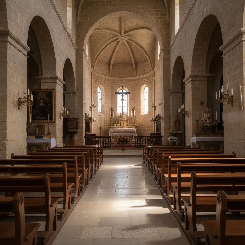 Interior of a traditional Maltese church with warm lighting and stone architecture, representing spiritual contemplation and religious heritage