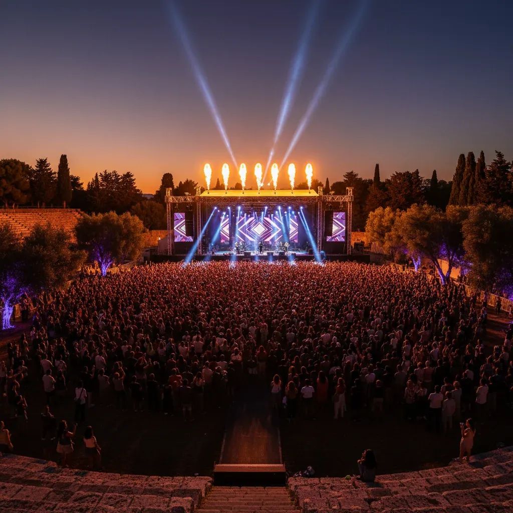 Crowd-filled outdoor concert at dusk with bright stage lights in Malta’s Ta’ Qali park
