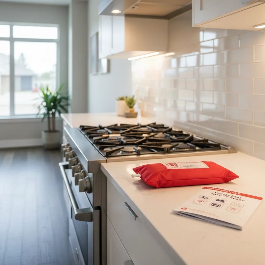 Fire blanket and emergency booklet displayed on kitchen counter with stove in background