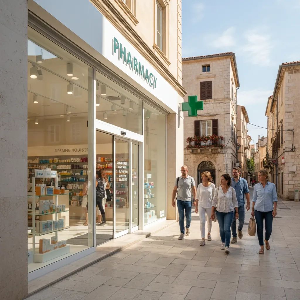 Pharmacy storefront with opening hours displayed, customers entering during daytime in Malta
