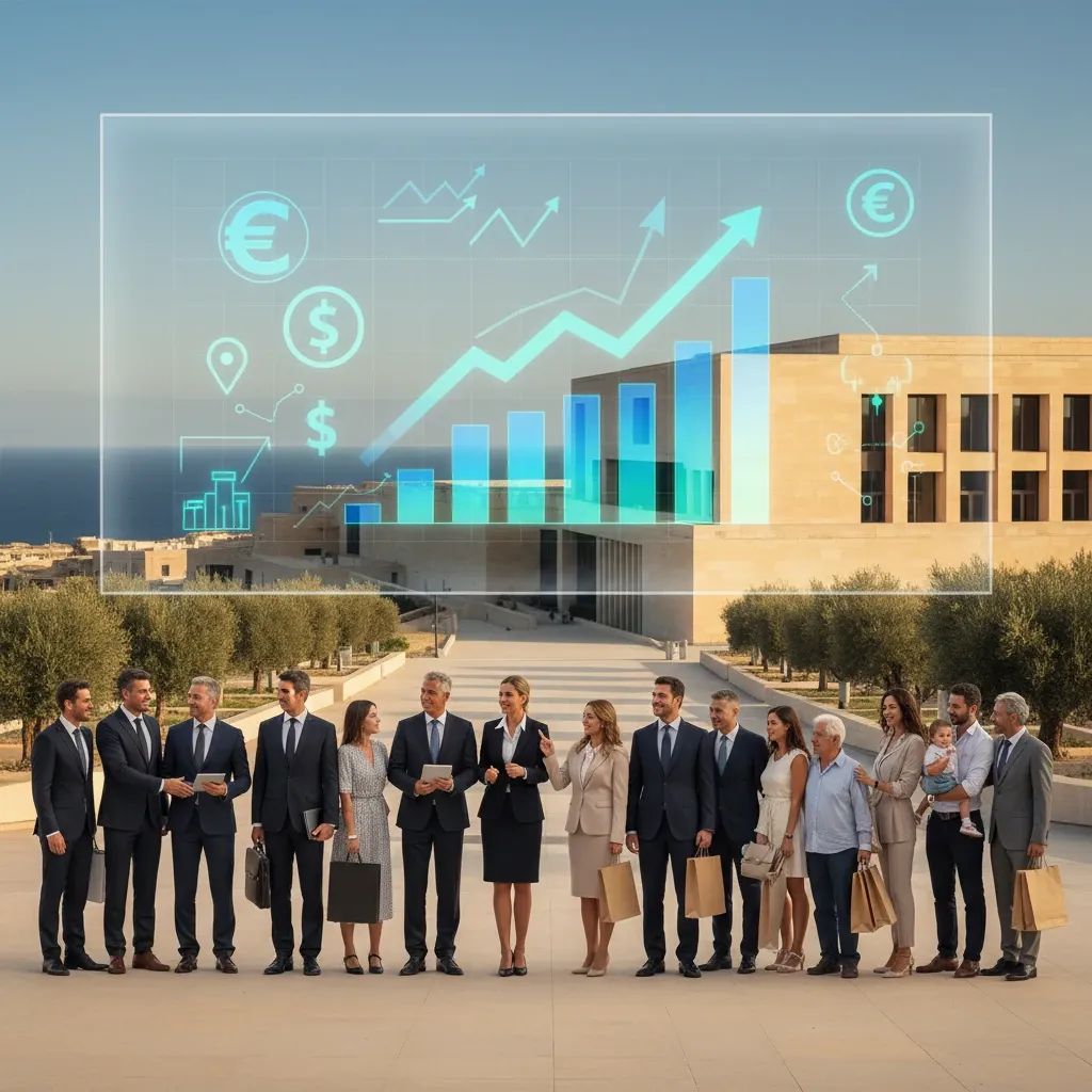 Political debate scene with economic charts showing Malta's opposition party economic proposals and household budget impacts