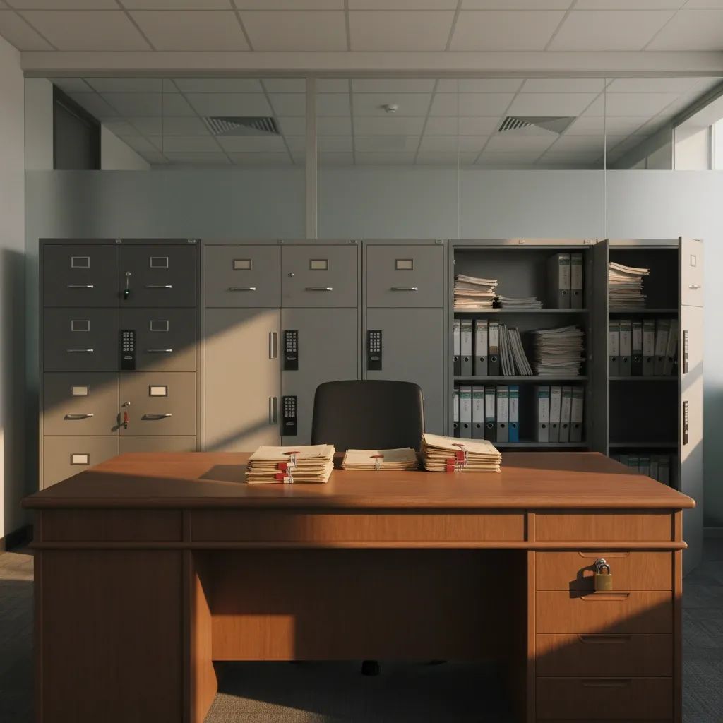 Government office with sealed filing cabinets symbolizing hidden ministerial financial records