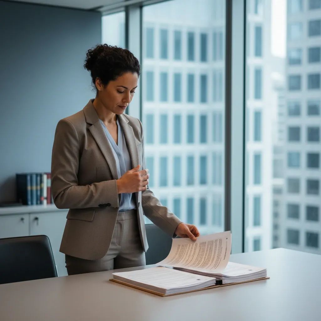Woman reviewing immigration documents at government desk, representing asylum seeker navigating legal processes