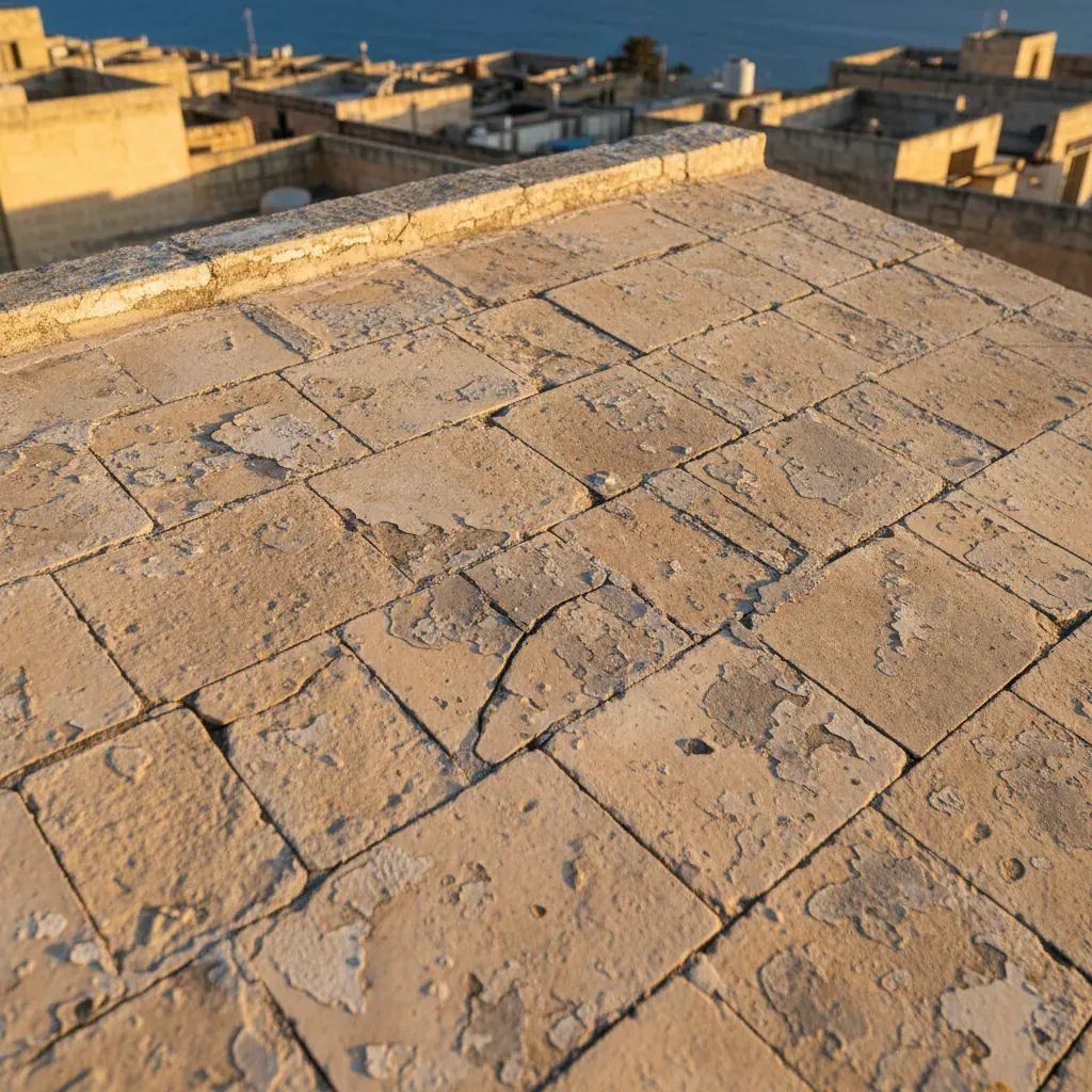 Deteriorated Maltese limestone roof showing cracks and aging traditional stone construction