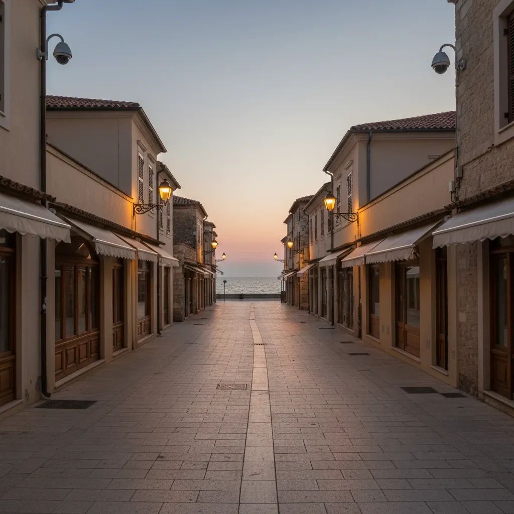 Urban Mediterranean street scene with security cameras and empty storefronts at dusk