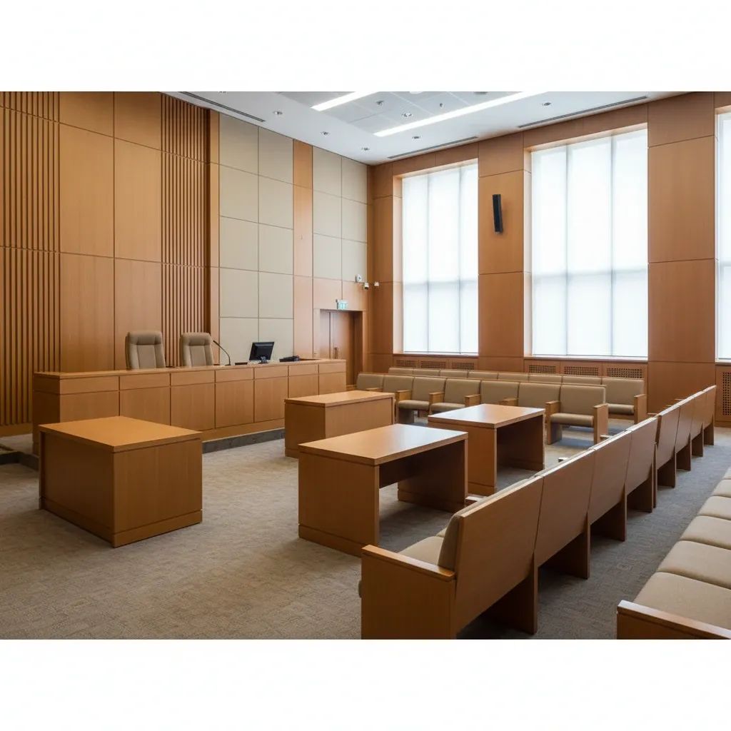 Empty courtroom interior with judge's bench and wooden furniture in formal setting