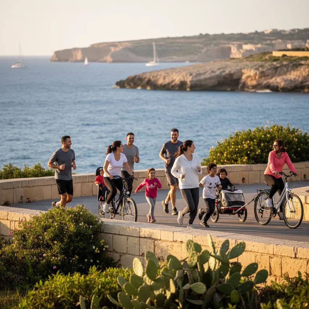 Diverse people jogging and cycling together outdoors with Mediterranean sea backdrop