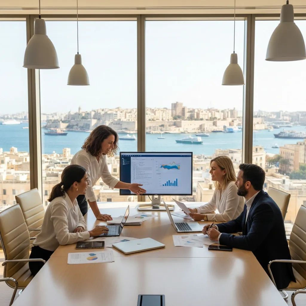 Diverse professionals working in modern office with Malta cityscape in background