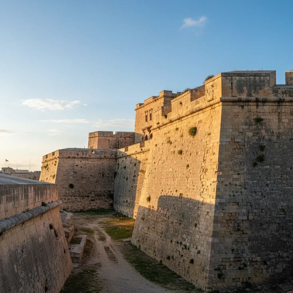 Valletta's St John's Bastion limestone fortification walls showing exposed weathered stone edges and heritage structure