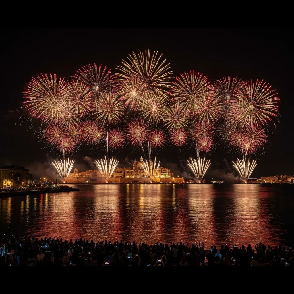 Vibrant fireworks display lighting up Valletta's Grand Harbour with crowds watching from the waterfront