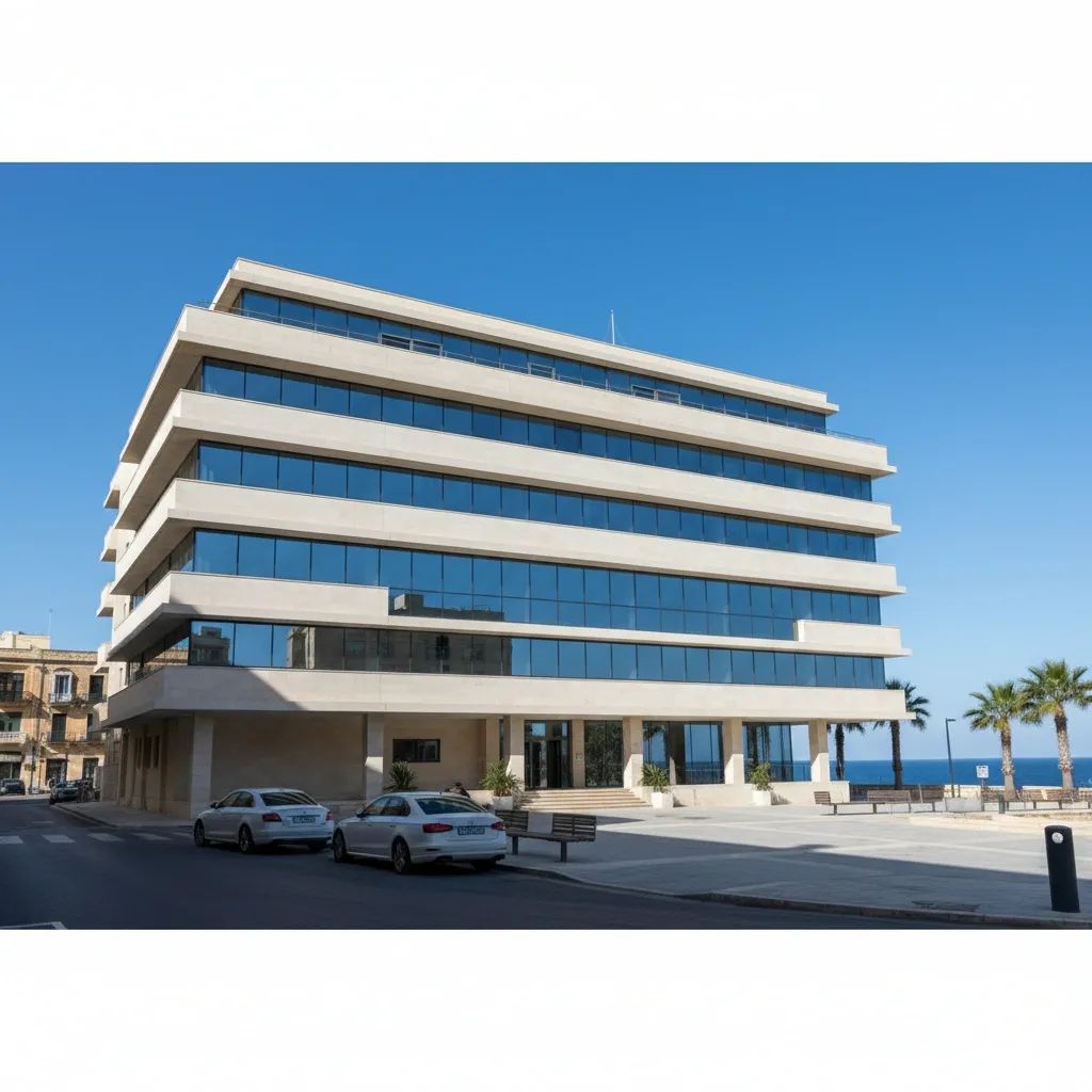 Proposed seven-storey civic hub in St Paul’s Bay with modern limestone facade and underground parking entrance on a sunny day