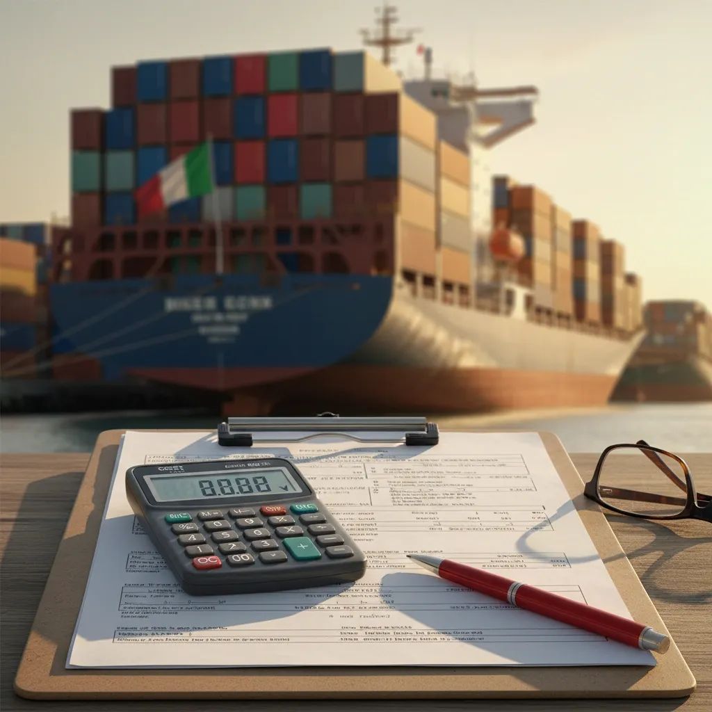 Shipping documents and calculator showing freight costs at Mediterranean port container terminal