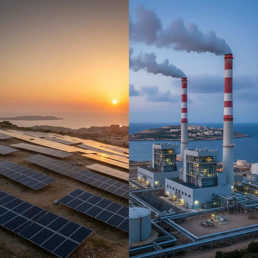 Contrast between solar panels and gas power plant representing Malta's energy transition challenge