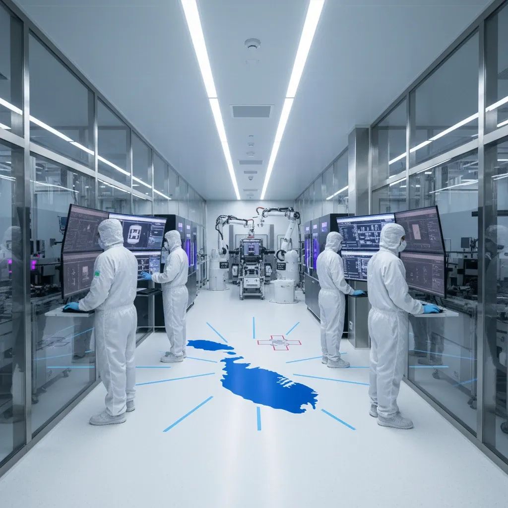 Modern semiconductor manufacturing facility with workers monitoring advanced chip production systems